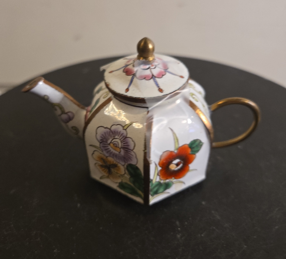 Chiemel By B Yee Hand-Painted Floral Mini Enamel Teapot Gold Accents Collectible